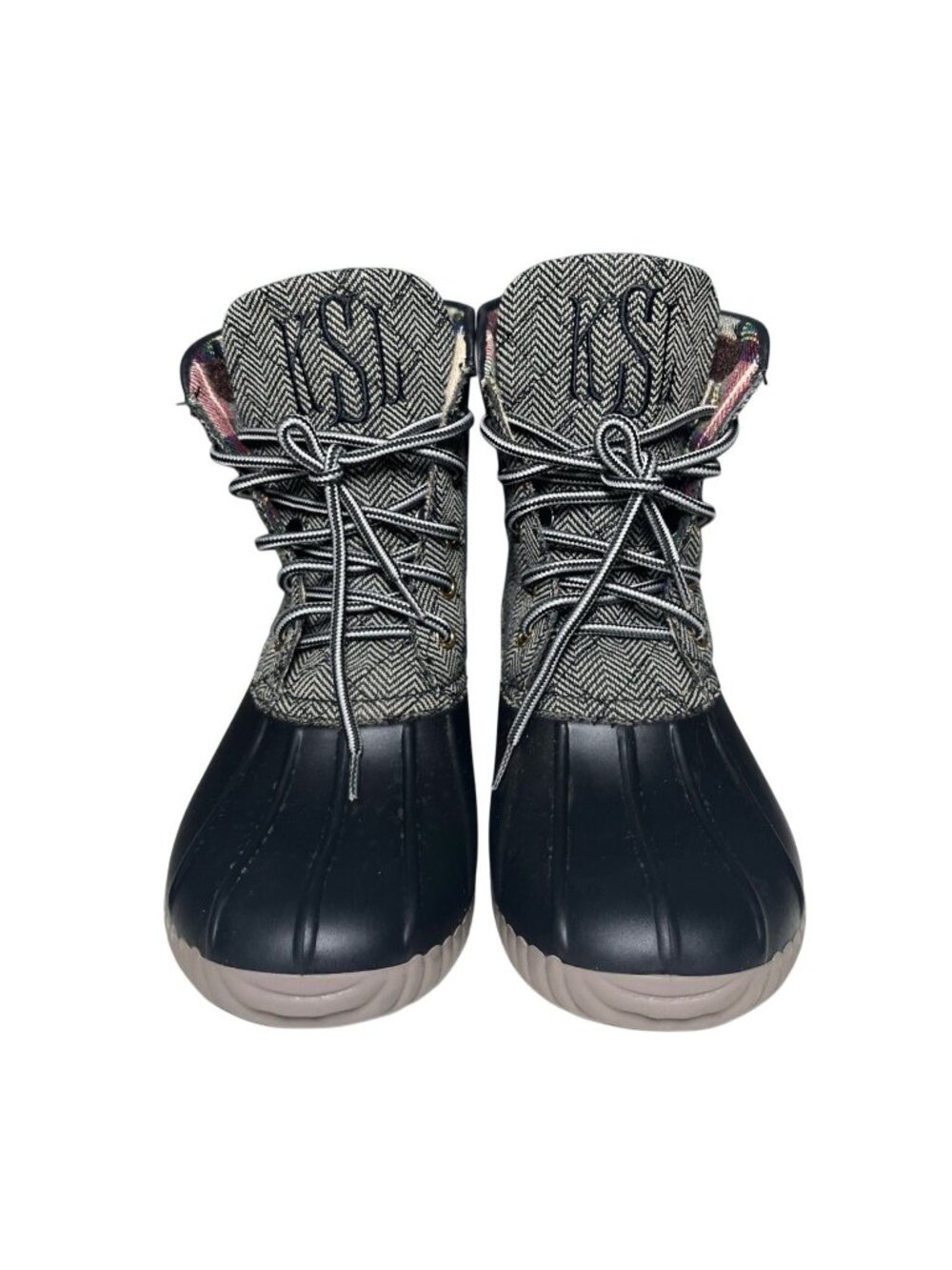 Marley Lilly Black Herringbone Duck Boots Monogrammed Sz 7 Plaid Winter